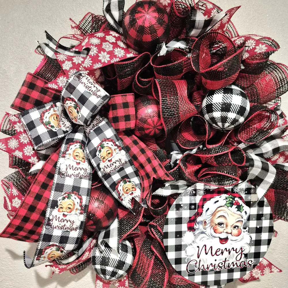 Festive Red and Black Santa Christmas Wreath Large Holiday Wreath Buffalo Check